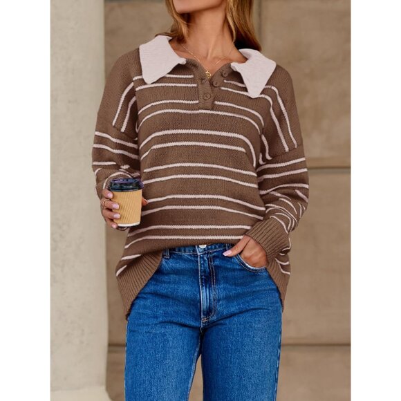 Casual Long Sleeve Chunky Knit Sweater for Women - Trendy Striped Pullover - Picture 3 of 5
